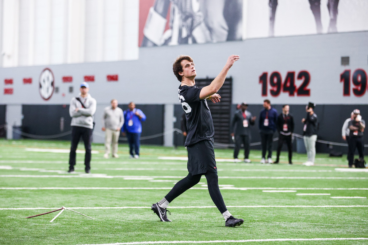 Georgia placekicker Jack Podlesny (96) during Georgia’s 2023 Pro Day inside the William Porter Payne and Porter Otis Payne Indoor Athletic Facility in Athens, Ga., on Wednesday, March 15, 2023. (Tony Walsh/UGAAA)